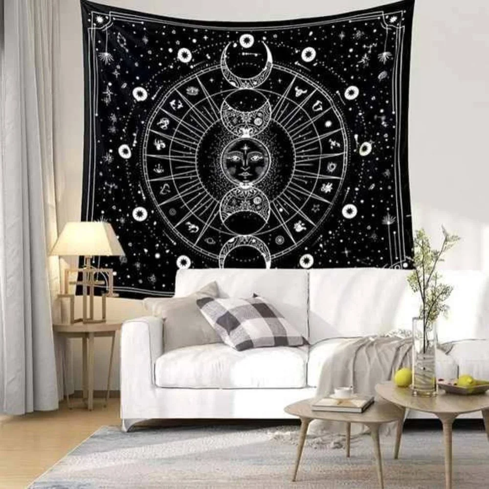 Sun Moon Tapestry Black and White Wall Tapestry